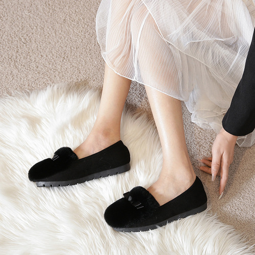 Real rabbit fur plus velvet warm cotton shoes for women 2024 new outer wear furry shoes for women with thick soles and heightening women's beanie shoes