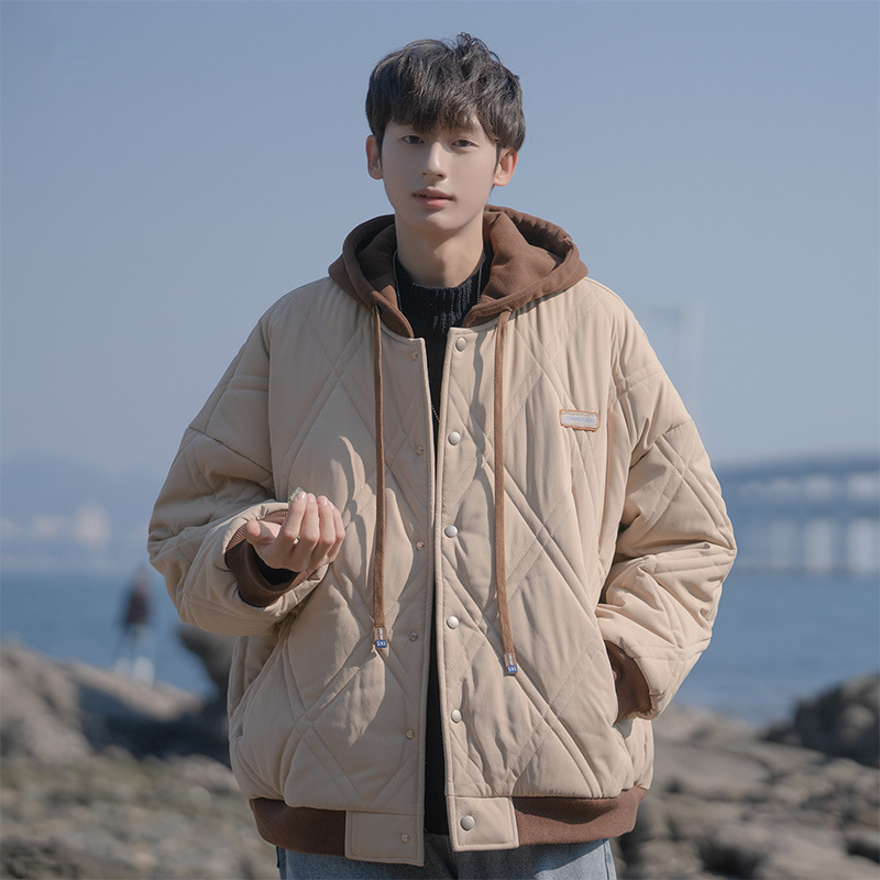 다이아몬드 모양의 격자 무늬 가짜 2 피스 야구 세트 면화 패딩 재킷 남자 겨울 새로운 두꺼운 따뜻한 면화 패딩 재킷 남자 면 패딩 재킷