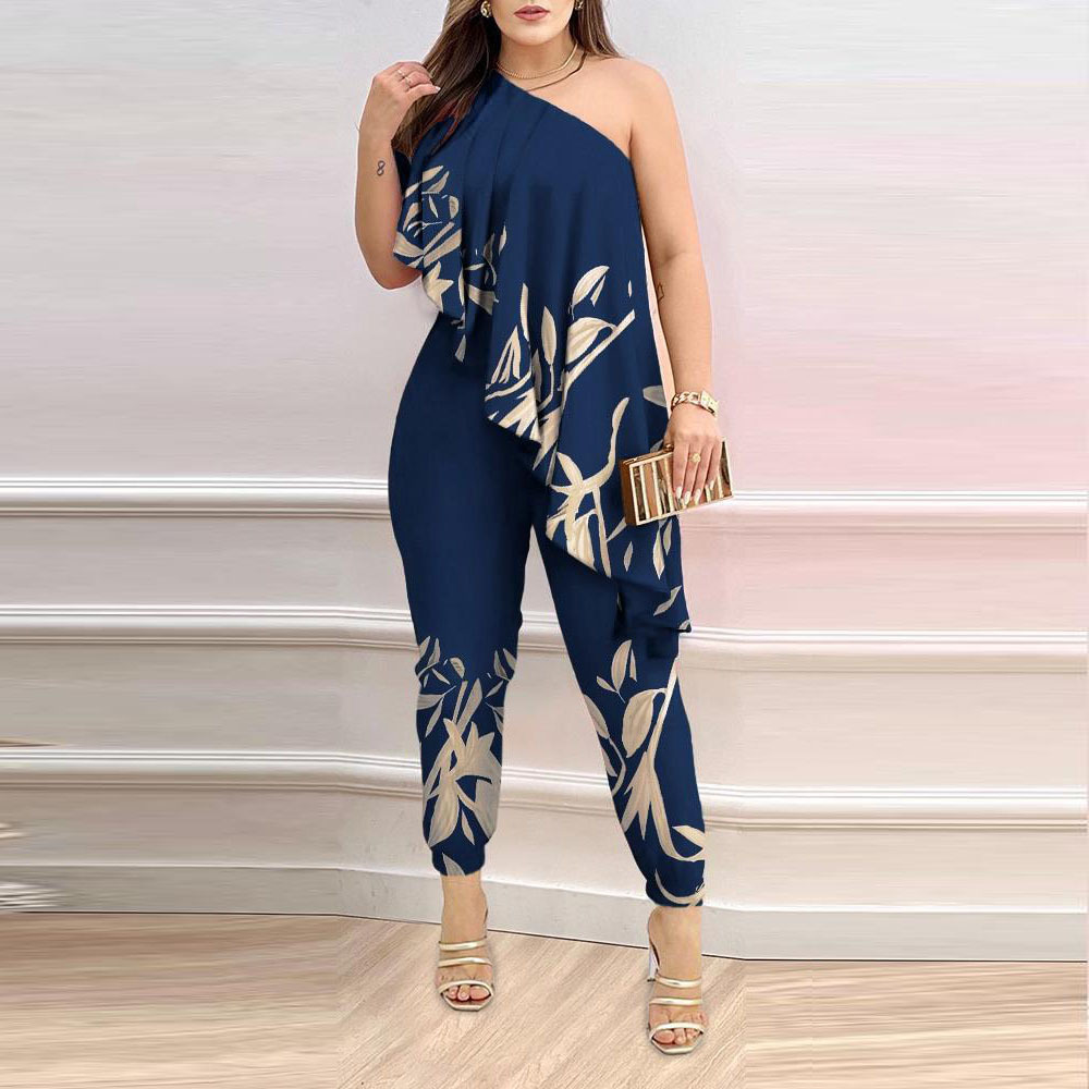 New Amazon Cross-Border European and American Women's Clothing 2025 New Fashion Printed One-Shoulder Ruffle Jumpsuit Thin Style