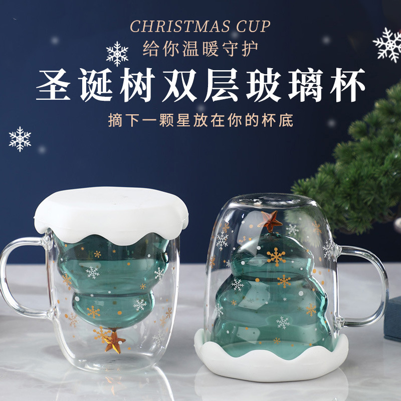 Taza de Navidad de doble capa al por mayor con tapa de vidrio de café aislante térmico alta resistencia al calor borosilicano de alta visualización taza de Navidad personalizada