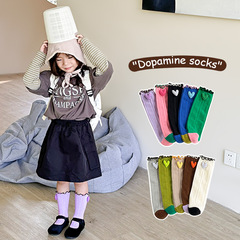 韓版時尚兒童襪子女孩糖果色木耳邊學生中長筒襪百搭運動彩色潮襪