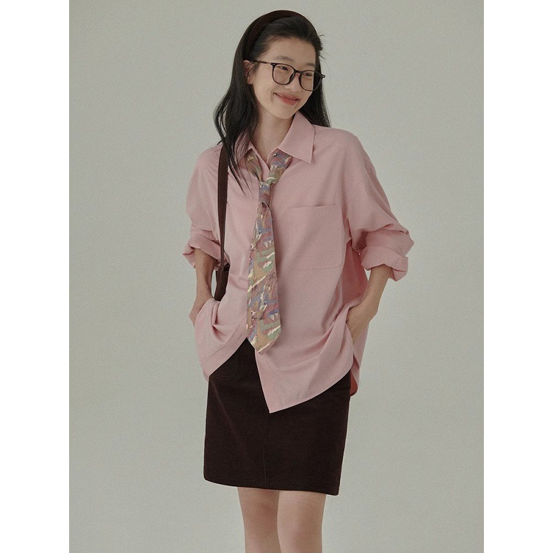 HAVERICE Restaurant White Peach Mint Refreshing Shirt, Draped, Wrinkle-Resistant, Autumn Basic Pink Shirt Top