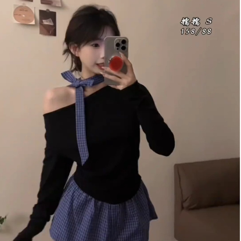【人棉1*1】甜酷辣妹风撞色格纹拼接上衣女秋季设计感修身上|undefined