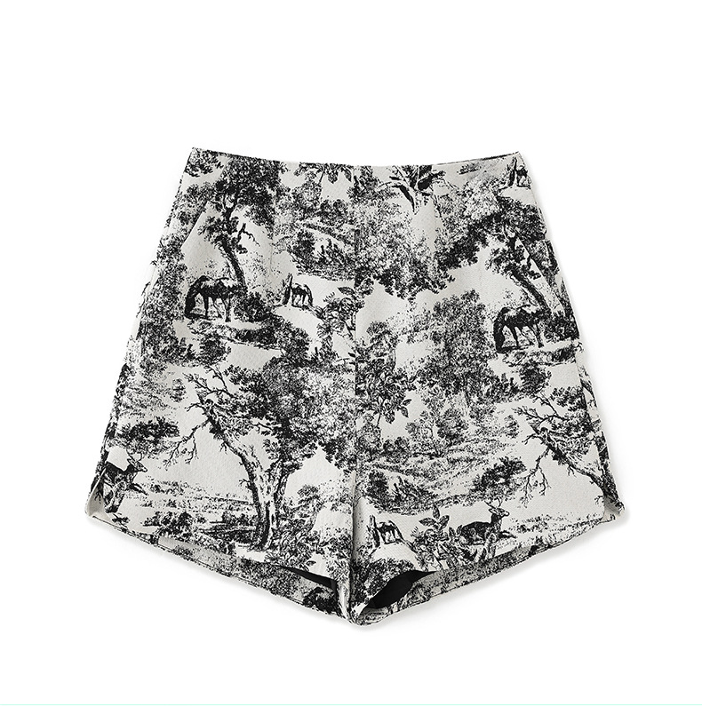 Quần short nữ cạp cao họa tiết tranh mực nổi jacquard phong cách thời trang cao cấp — Màu hoa chi tiết 11
