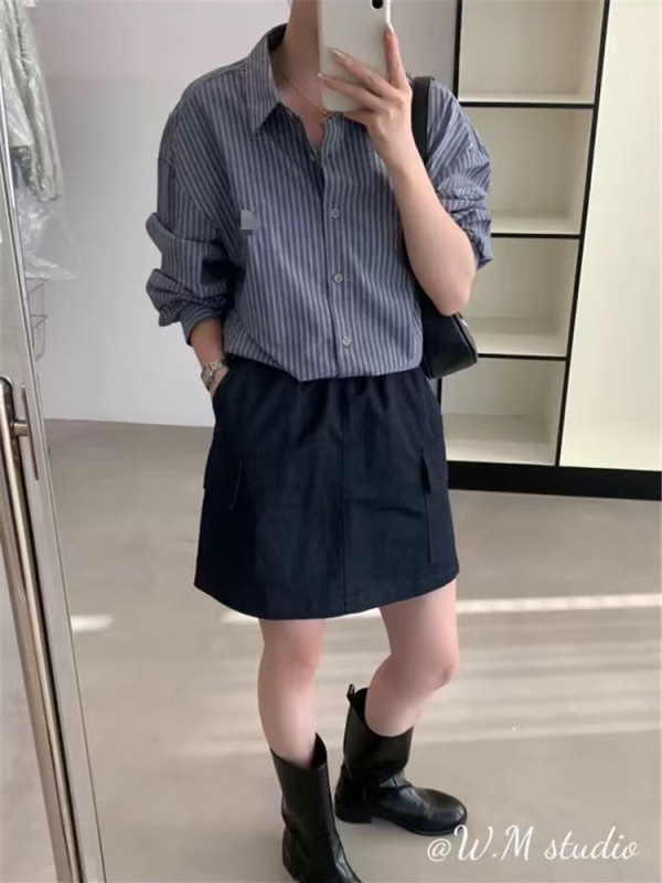 韩系复古刺绣条纹衬衫女秋季宽松长袖衬衣  不退不换|undefined