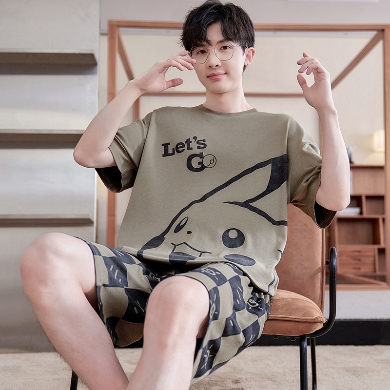 Summer Teenager Pajamas Men's Short-sleeved Pure Cotton Cartoon Junior High School Students 15-year-old Big Boy Shorts Home Wear Outfit