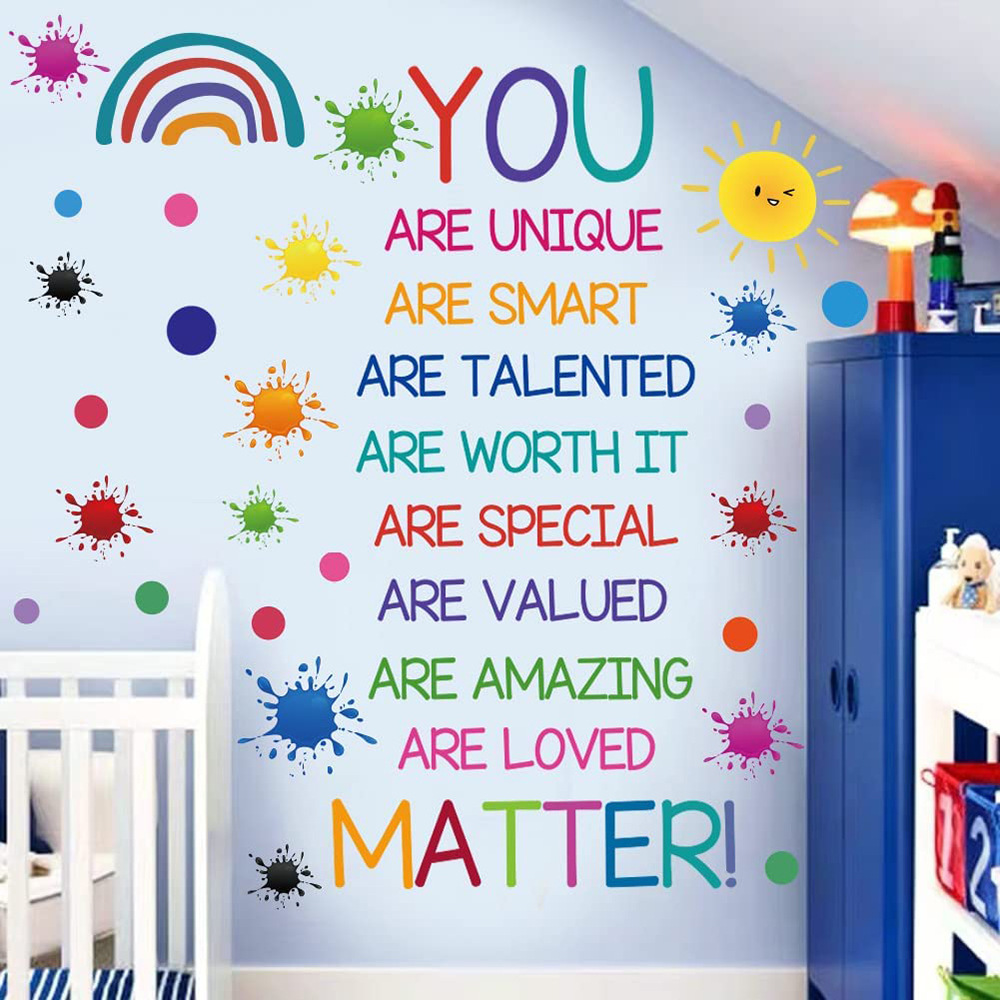 English Inspirational Text Wall Stickers for Children's Rooms and Bedrooms, Self-Adhesive Decorative Stickers, Watercolor Ink Marks, Rainbow Sunflower Wall