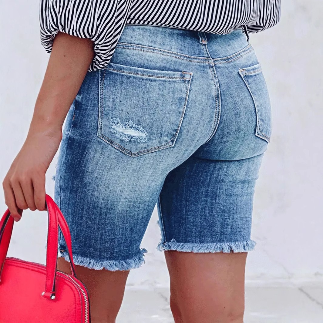 Shorts de Mezclilla Rotos para Mujer de Algodón y Poliéster Elástico Cintura Media