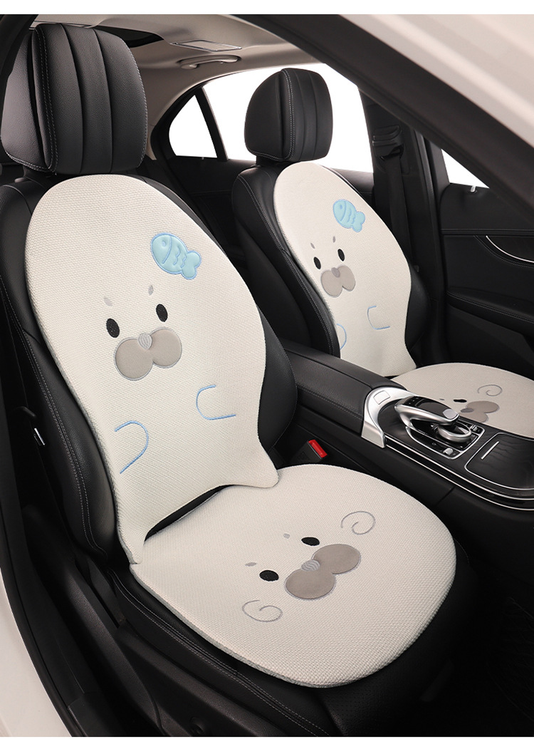 Car Seat Cushion Made of Linen Material with Seal Pattern, Suitable for All Seasons, Available as a Single Piece or a Three-Piece Set, with Optional Car Ventilation Cushion