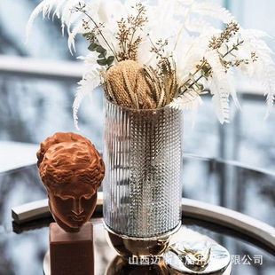 Nordic Light Luxury ins Style Gold-plated Embossed Diamond Pattern Glass Vase Living Room Hallway Flowers Flower Soft Decoration