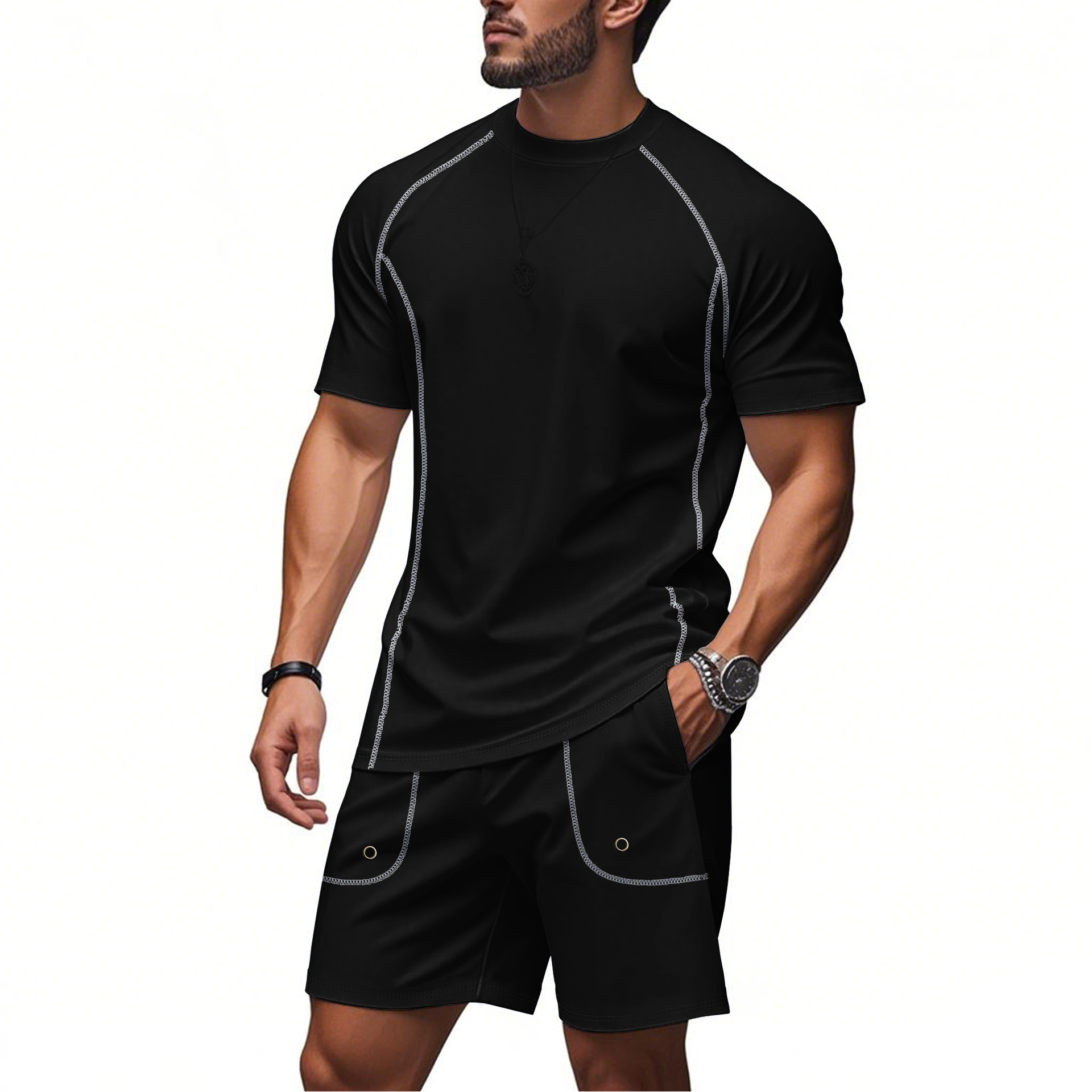 Transfronterizos europeos y estadounidenses TK verano hombre deportivo casual simple estilo americano de hombro pantalones cortos de mangas cortas de dos piezas