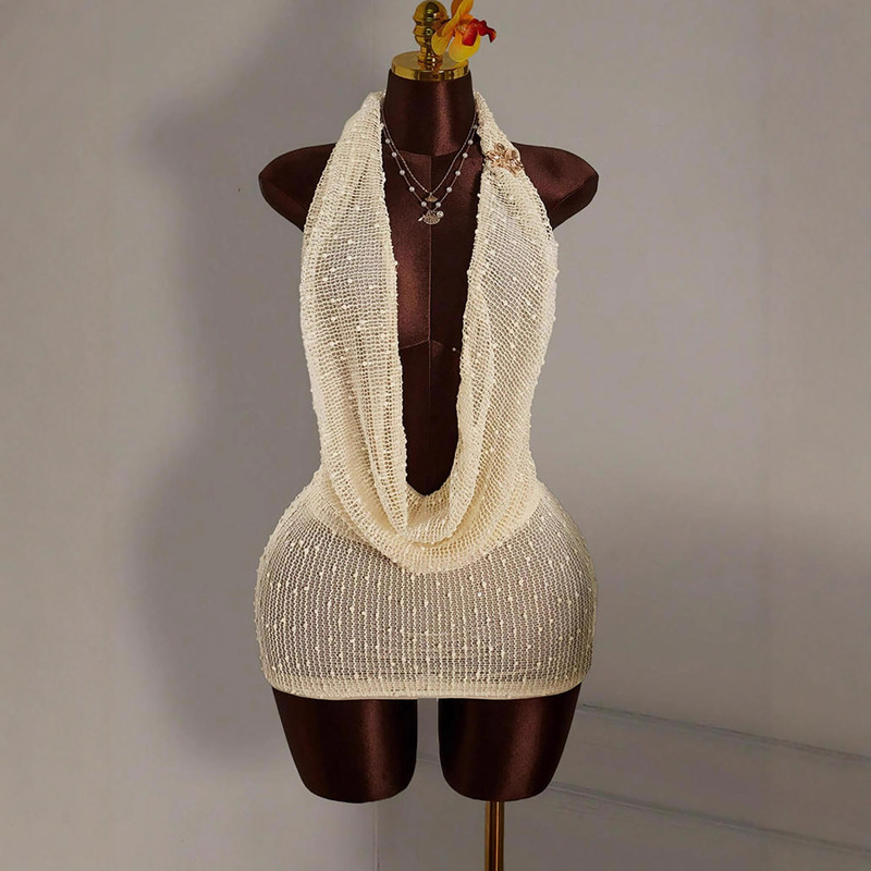 2026 Cross-Border European and American New Sexy Backless Knitted Beach Skirt Sexy Casual Vacation Seaside Hip-Covering Short Skirt