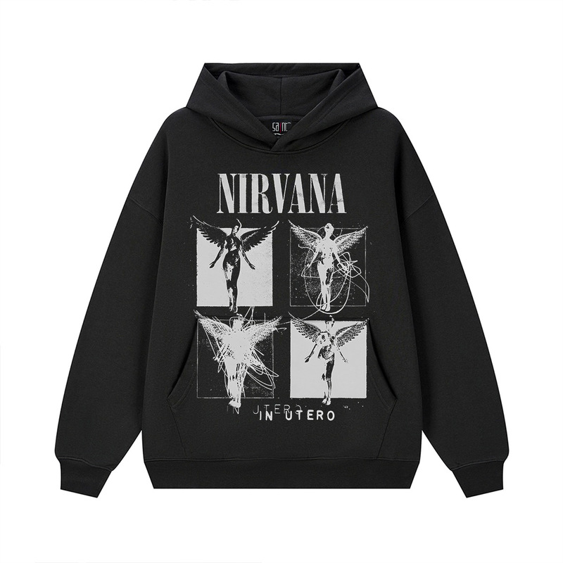 Long-Term Collaboration with Nirvana: Line Art Angel Cross-Border Heavyweight Unisex Crewneck Hooded Sweatshirt, American Vintage Style for Men Long-Term Collaboration with Nirvana: Line Art Angel Cross-Border Heavyweight Unisex Crewneck Hooded Sweatshirt, American Vintage Style for Men