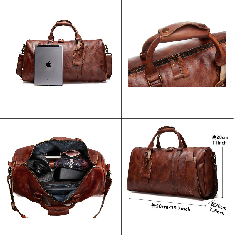 Bolso de viaje unisex de cuero transfronterizo Bolso de gimnasio de mensajero de un solo hombro Bolso de equipaje ultraligero de cuero curtido vegetal
