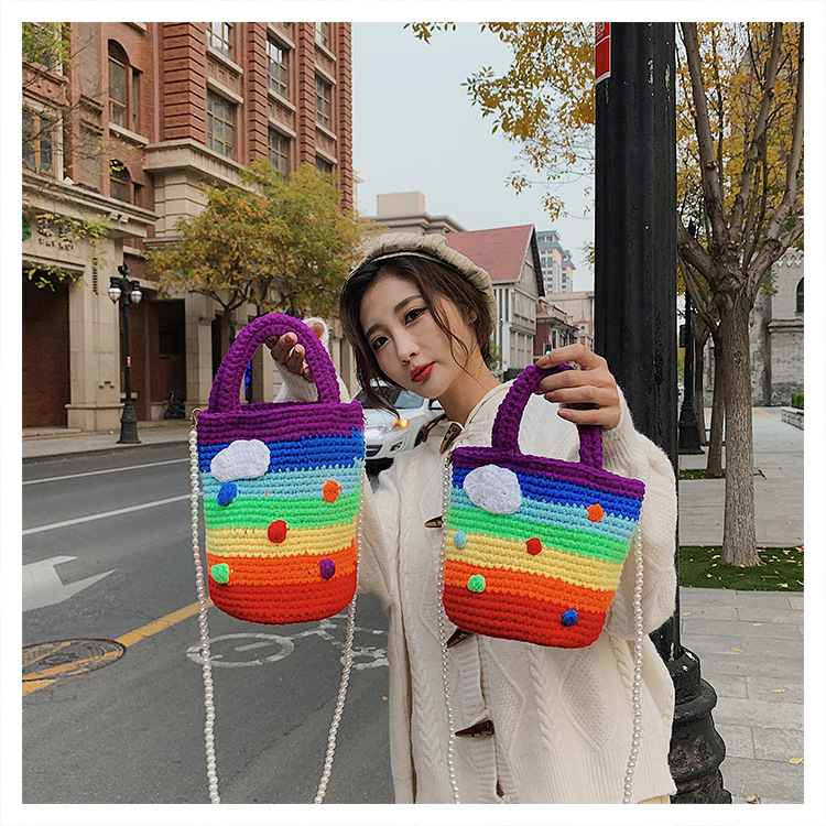 Women's Medium Plush Rainbow Stripe Cute Beading Weave Bucket Open Crossbody Bag display picture 4