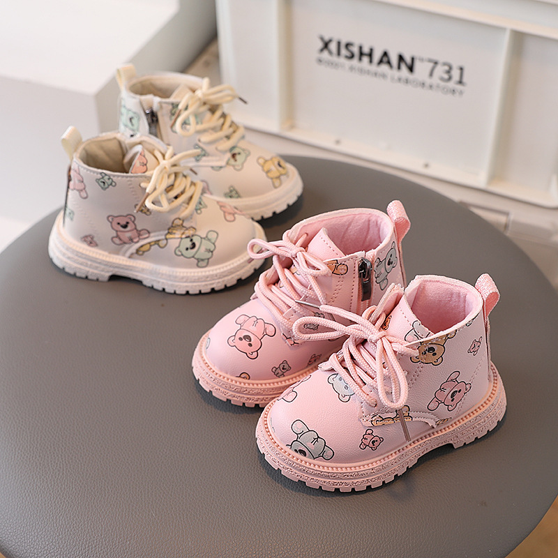 2022 autumn and winter New two cotton warm baby girl thin velvet lace-up leather boots boy Martin boots cute bear short boots