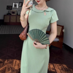 Ailianshuo-夏の新しい中国風非対称人形襟ストライプコントラストカラーYayunチャイナドレス-JF6332