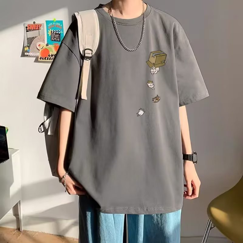夏の新作半袖ルーズTシャツメンズトレンディカジュアル半袖トレンドTシャツボトリングシャツ五分袖トップ|undefined