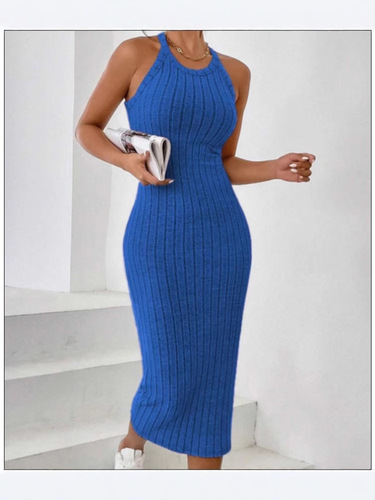Cross-border women's round neck solid color backless tank top strap dress knitting honeycomb macaron color European and American Amazon