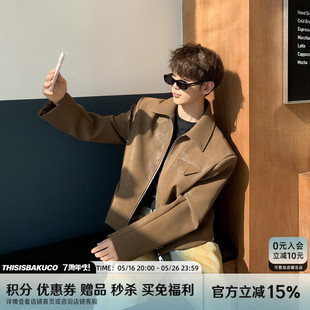 Baikouyang [Higgins City a] Korean Style Short Lapel Ji Leather Jacket Triangle Logo Casual Jacket for Men