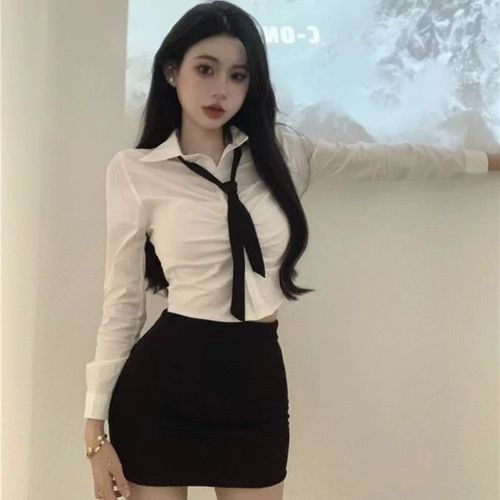 Pure Desire Style Design Belt Pure Color Long Sleeve Women's Black High Waisted Pantsy Short Skirt Design Style Two Piece Set
