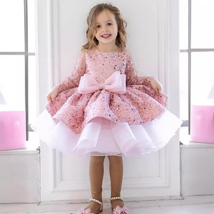 Girl's Sequin Dress 2024 New Arrival Baby Girl Big Bow Cake Skirt Children's Princess Cross Border Skirt