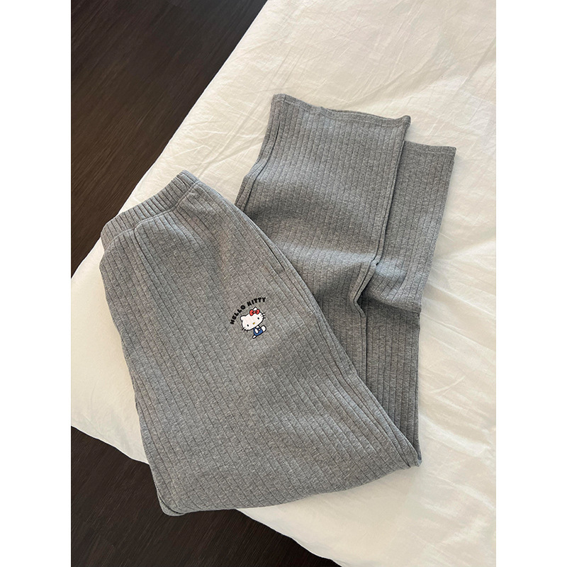 韩版撞色带胸垫坑条长袖睡衣女秋季新款HelloKitty休闲家居服套装|undefined