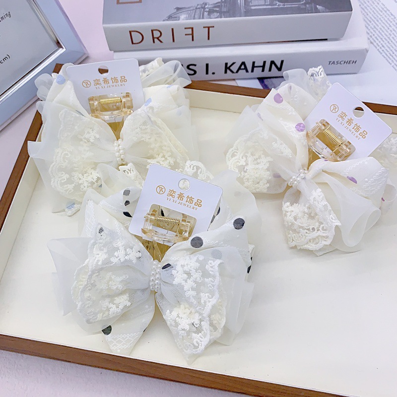 夏季超仙蕾丝蝴蝶结公主头抓夹后脑勺点点13CM鲨鱼发夹头饰发卡