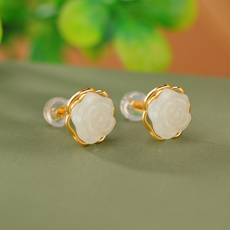 Bông tai hoa hồng rỗng mạ vàng bạc S925 chạm khắc tinh xảo — Một cặp