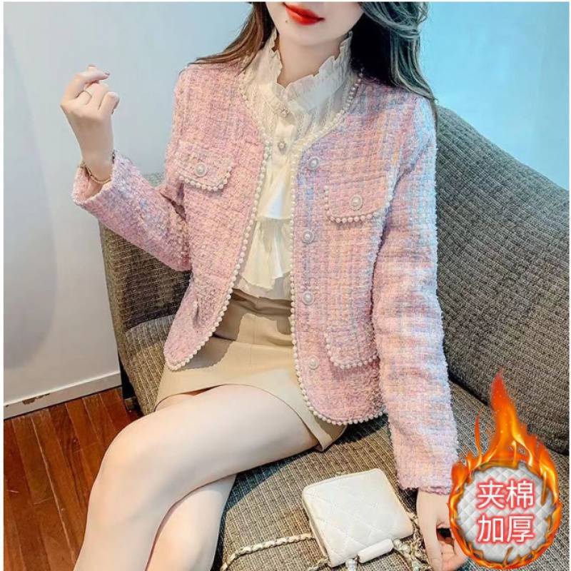 French Style Small Fragrant Jacket for Women, New Style Beaded Top, Short Jacket for Small People, Spring and Autumn Pink Socialite