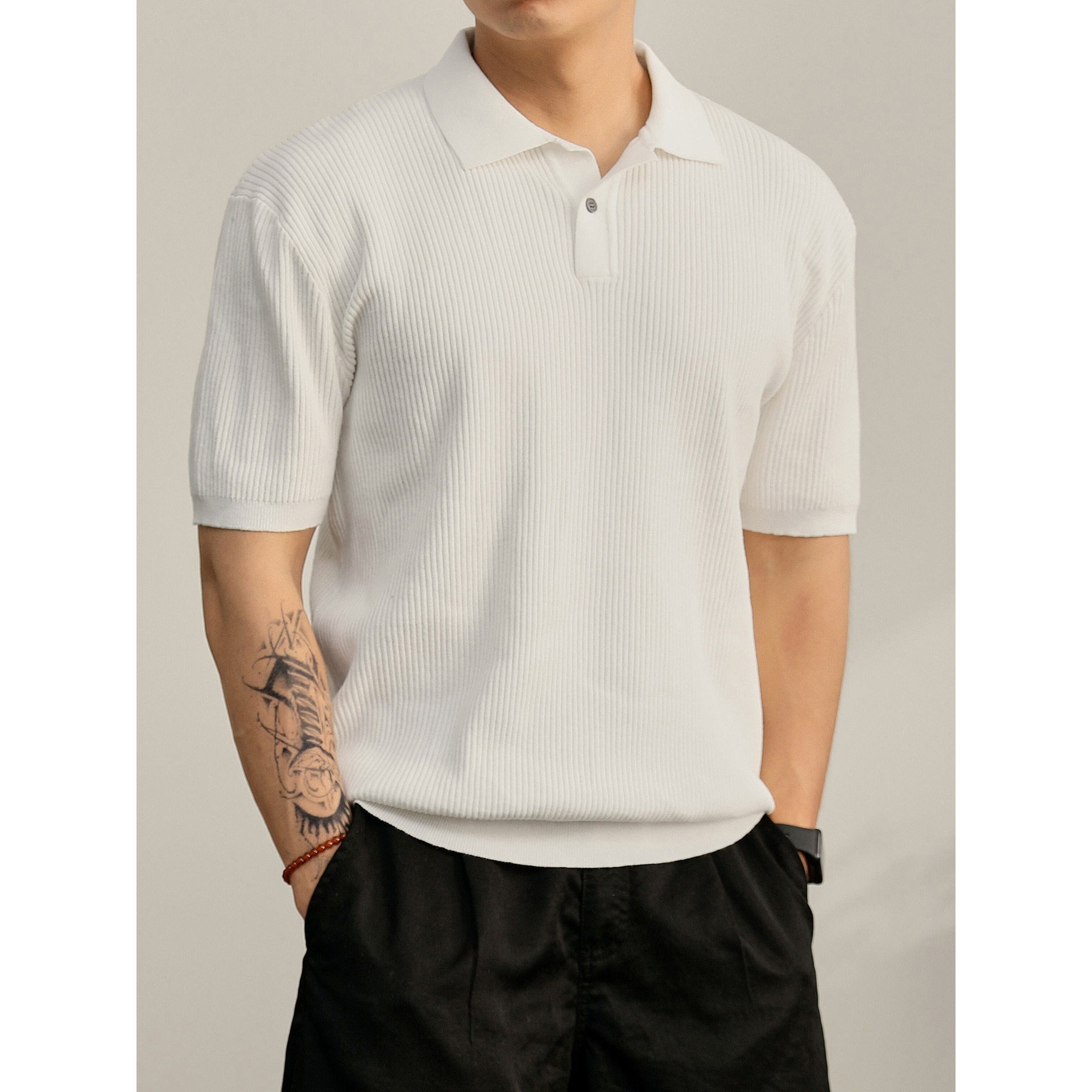 Polo camiseta de punto camiseta de manga corta camiseta de hombre cuello en V Paul rayas viejas líneas de negocios de verano fábrica transfronteriza mayorista