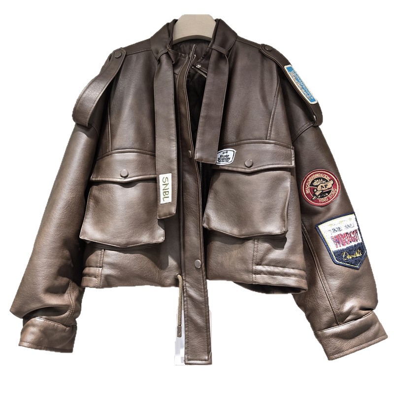 Retro americano de invierno 2025 nueva insignia colocada locomotora suelta chaqueta de cuero corta chaqueta de algodón intercalado image 5