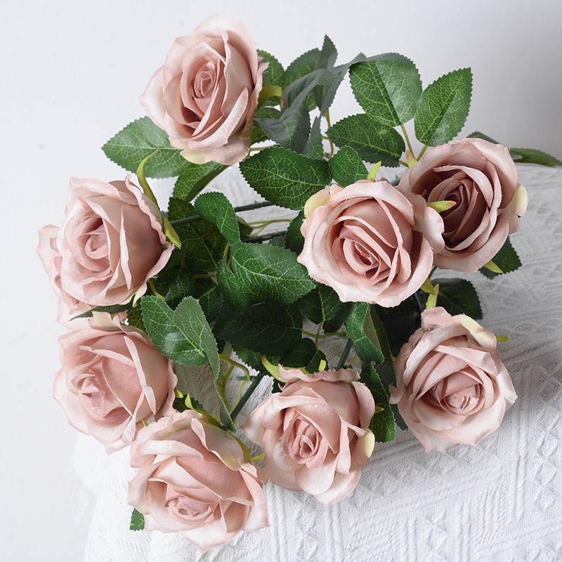 Artificial 9-Cabeza de flor Rosa decoración del hogar boda carretera plomo francés tela de seda artificial Rosa artificial ramo al por mayor