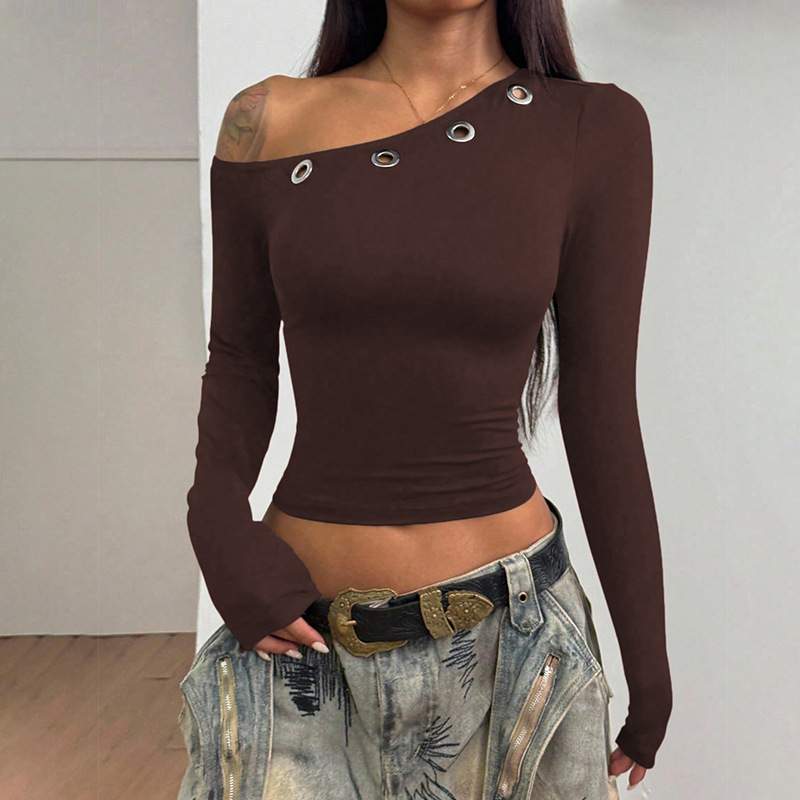 European and American Style 2025 Winter Amazon New Slanted Collar Off-Shoulder Eyelet Solid Color Cropped Pullover Long-Sleeve T-Shirt
