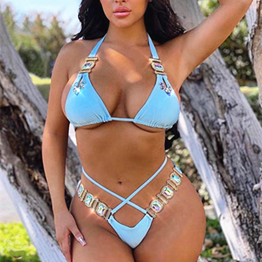 Sexy Crystal Diamond Bandage Split Bikini 2 Piece Set NSKLL102301