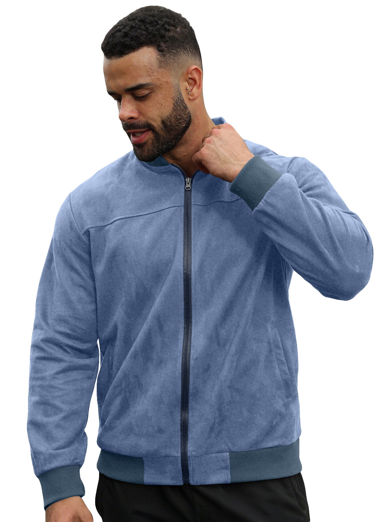 Chaqueta de aviador de gamuza para hombre, estilo europeo y americano, para otoño, color sólido, con cremallera, estilo retro americano, de manga larga.