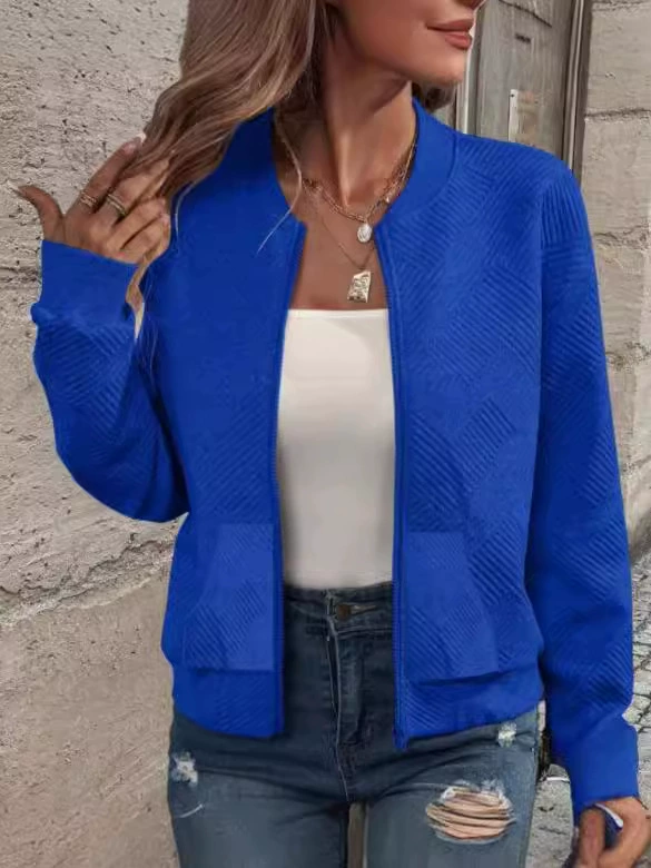 Spring knitted cardigan with zipper, long-sleeve, jacket, western style, high collar