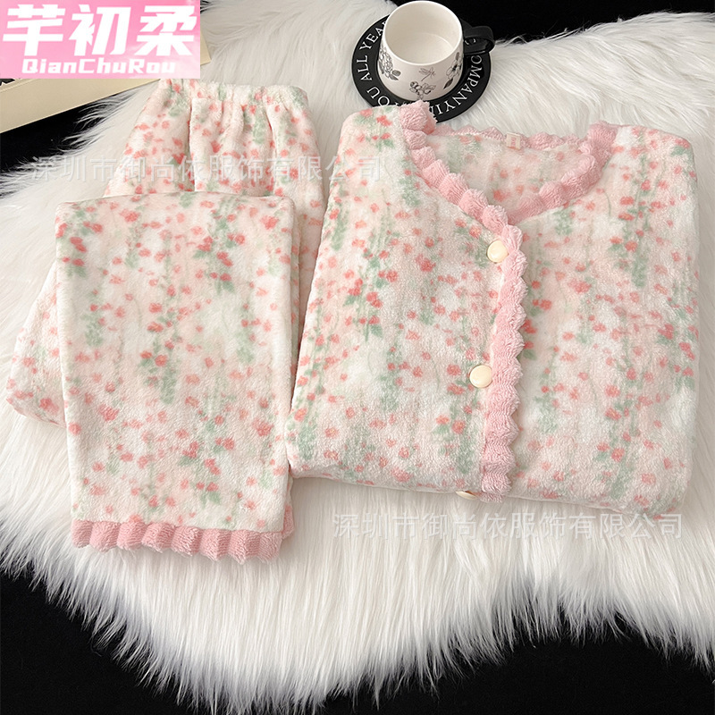 Flannel Pajamas Women's New Winter Coral Velvet Green Fleece-Lined Thickeneded Warm Long-Sleeved Cardigan Home Wear Set