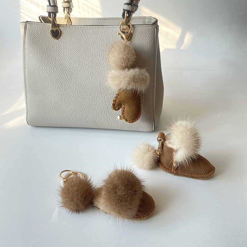 Genuine Leather Mink Hair Original Design Pendant Car Key Bag Pendant Plush Keychain Mink Hair Pendant Gloves
