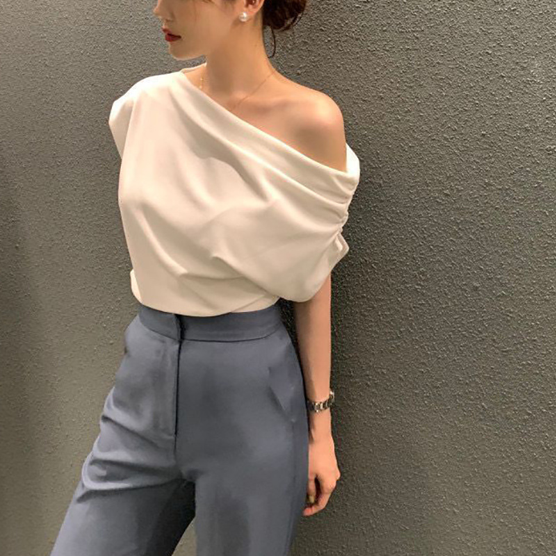 Summer New Niche Irregular Slanted Shoulder Design Loose Solid Color Pullover Short-sleeved T-shirt_ecoleips.com