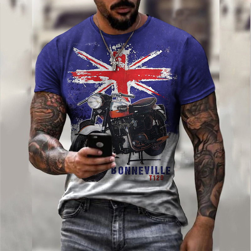 2025 Hot-Selling European and American Export New Style Biker Short-Sleeve Casual 3D Printed Loose Pullover Men's T-Shirt Cross-Border