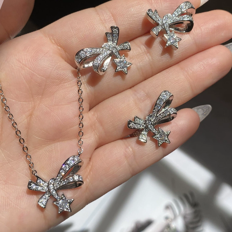 Necklace & Earrings Set (VERSA) 18K Bright Multi‑cut Zircon, Star Knot Butterfly Design