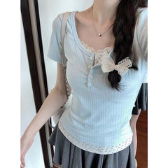 純粋な欲望スタイルの花柄ステッチ偽ツーピース半袖Tシャツ女性用夏の新しいスリムフィットショートトップボトリングシャツ