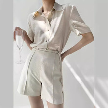 鸿衫 2024年夏季新款设计感小香风衬衫短裤两件套时尚通勤风套装