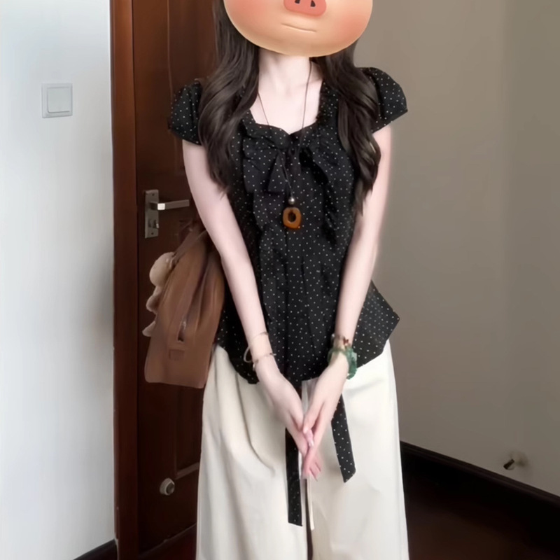 韩系波点蝴蝶结短袖衬衫女夏季设计感小众褶皱收腰修身甜辣妹上衣|undefined