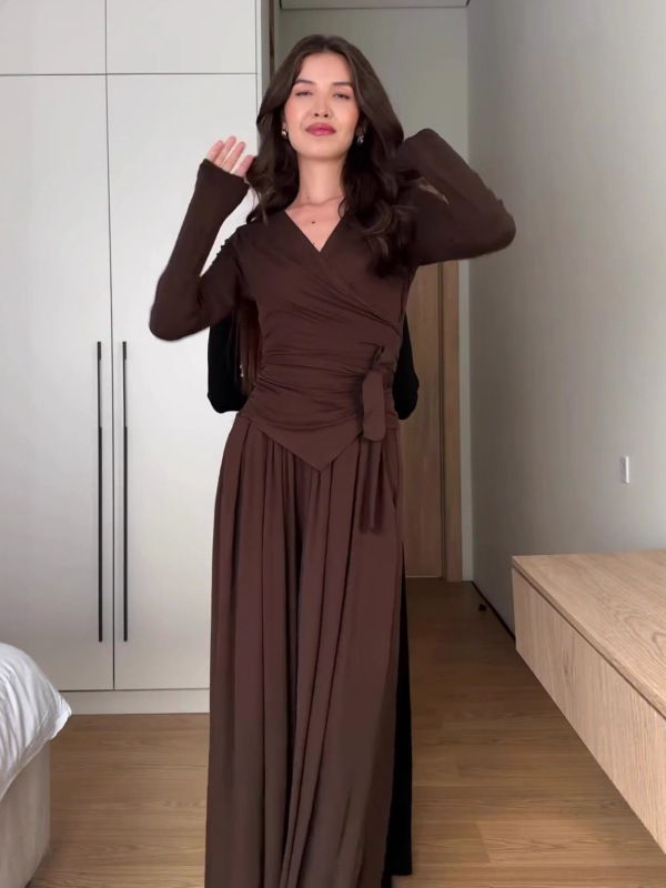 亚马逊跨境女装纯色两件套V领抽褶收腰长袖上衣阔腿裤休闲套装女|undefined