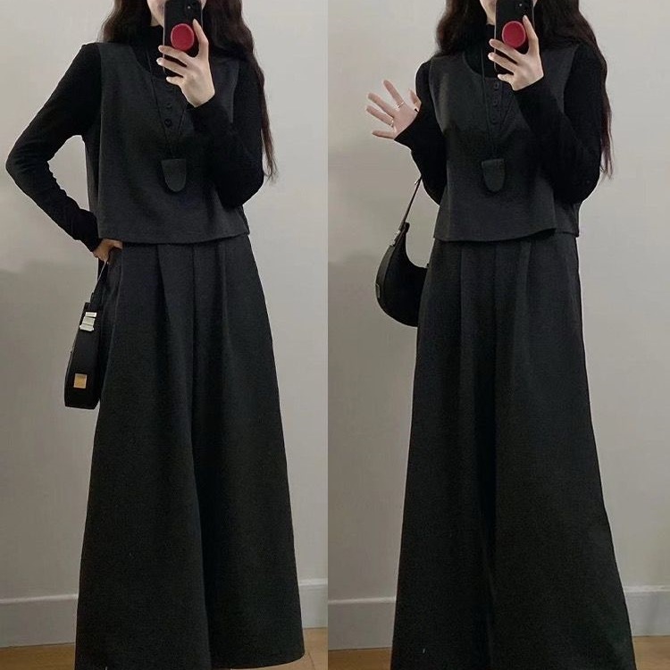 大码女装时尚微胖秋冬胖mm显瘦时尚简约毛呢马甲九分阔腿裤三件套