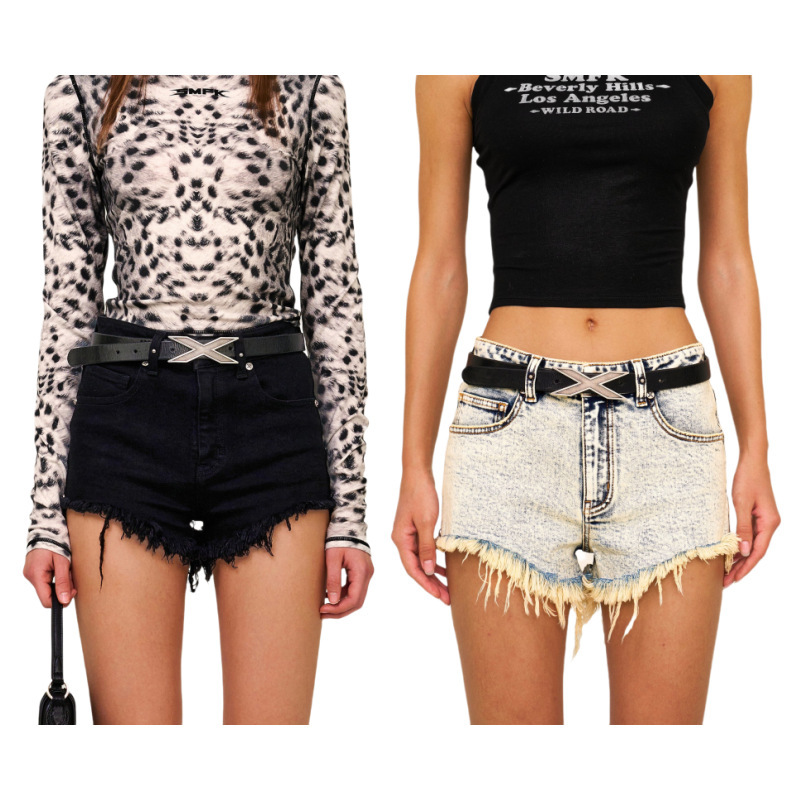 SMFK YeLu Denim Shorts Stretch Low Waist Rivet Rapped Spice Girl Casual Pants