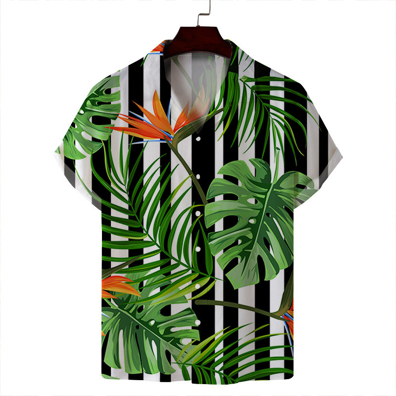 2024 verano hombre delgado casual cuello cubano moda cara hawaiana elástica camisa de manga corta con estampado digital 3D