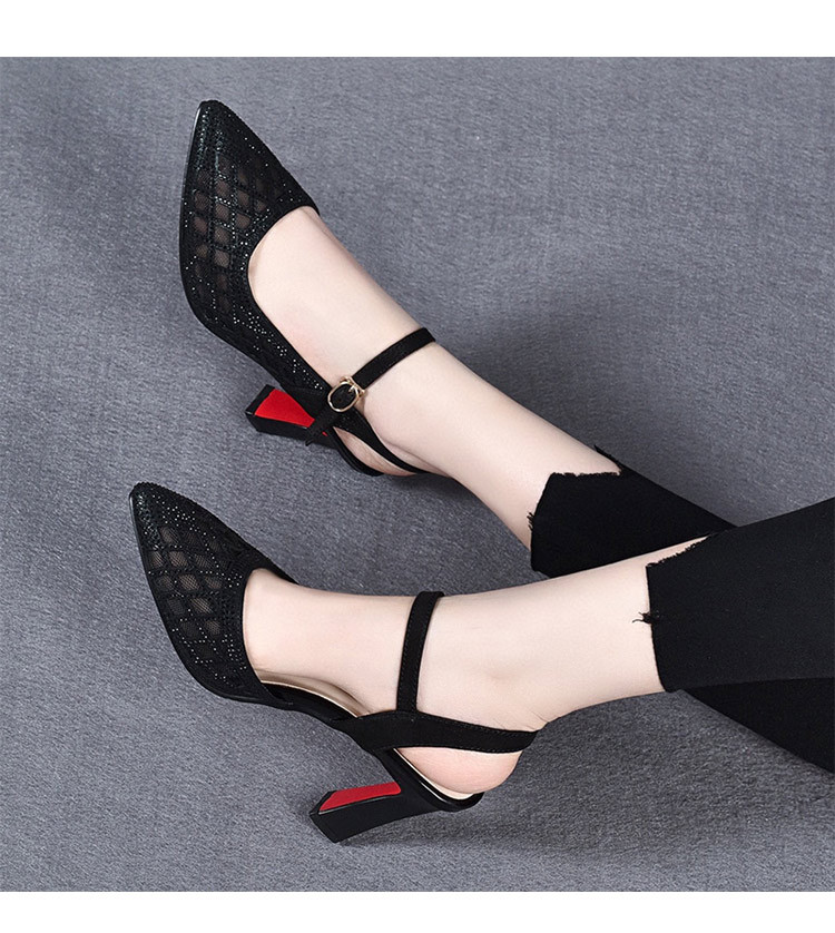 Sandal cao gót nữ mũi nhọn bít mũi lưới khoét lỗ, quai đơn, gót 3 cm — Gót vàng 3cm chi tiết 6